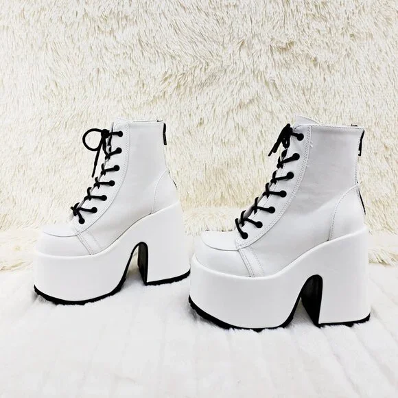 White Matte Chunky Platform Goth Punk Ankle Boots Camel - Picture 11 of 14